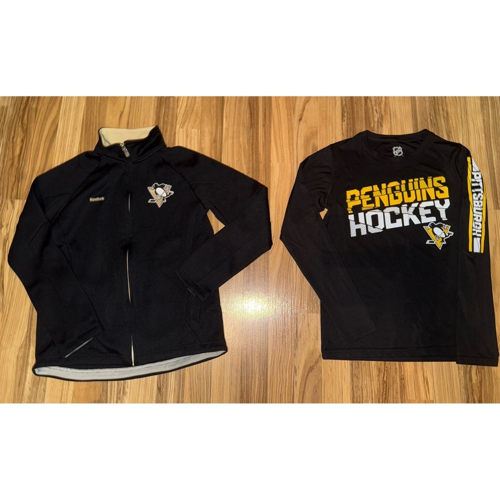 Reebok Pittsburgh Penguins Boys Sz 10/12 Long Sleeve Shirt Zip Up Jacket NHL Y2K